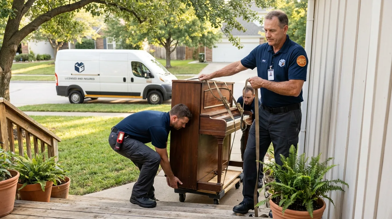 Licensed piano movers securing grand piano in Crossville, AL