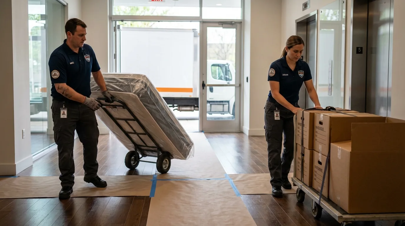 Professional apartment movers loading elevator in Crossville, AL