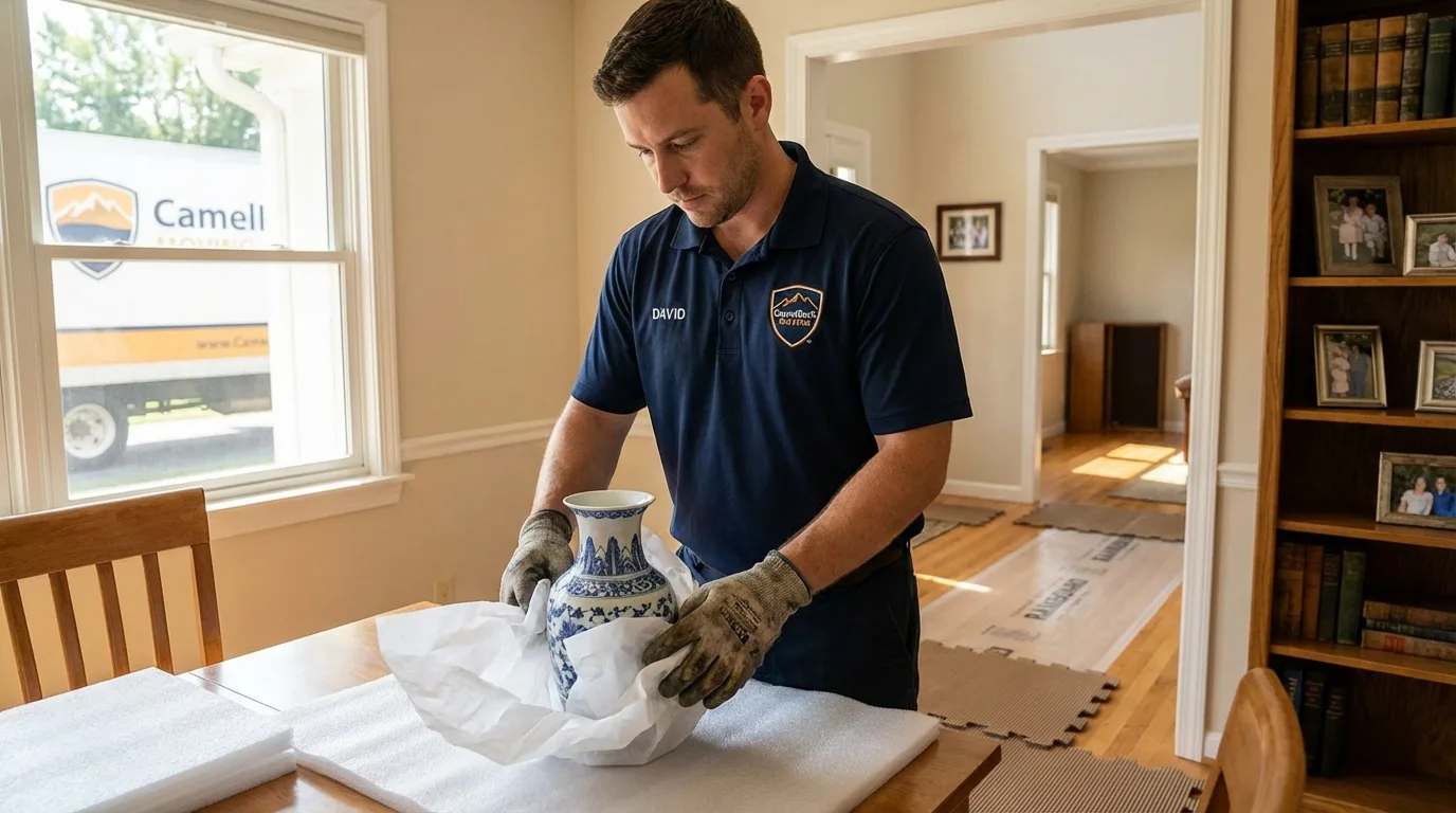 Professional crew carefully wrapping antique vase for senior downsizing move in Crossville, AL
